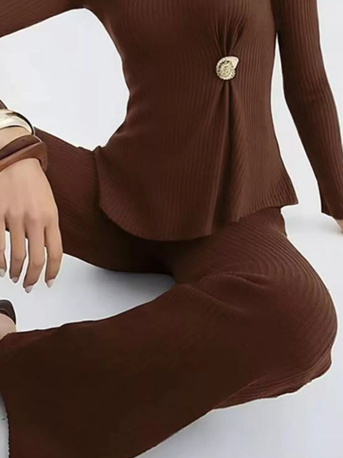 Round neck ribbed knit top and pants set styled