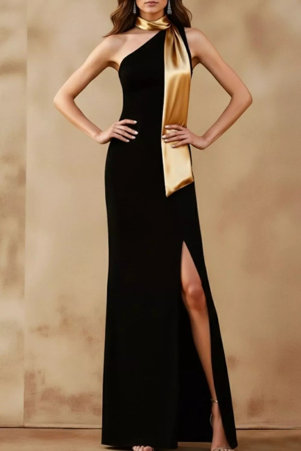 One shoulder slit maxi dress front view