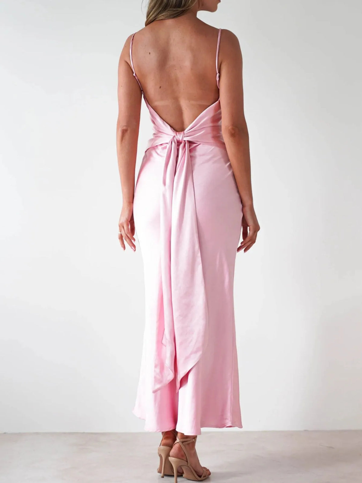 satin backless cami dress standing view