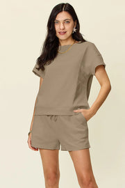Double Take Full Size Texture Short Sleeve T-Shirt and Drawstring Shorts Set Mocha - Fashorio