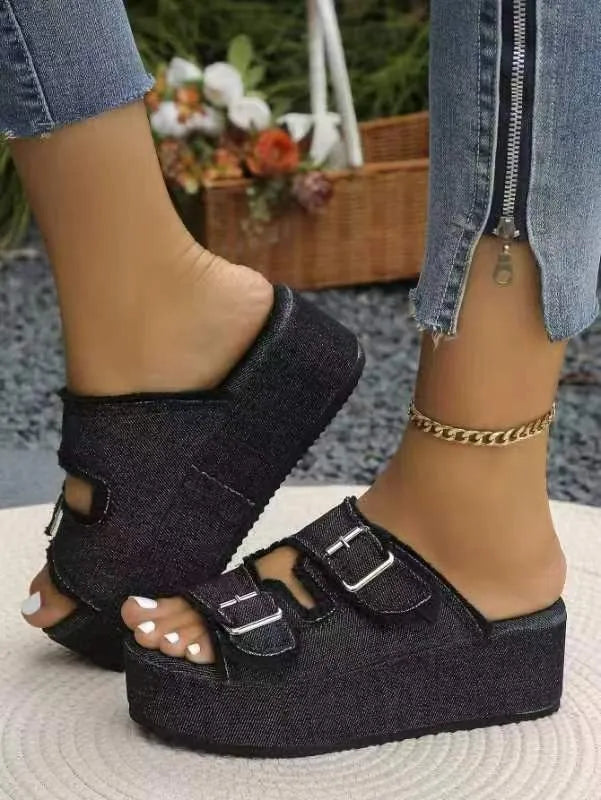Buckle strap ankle closure on wedge sandals