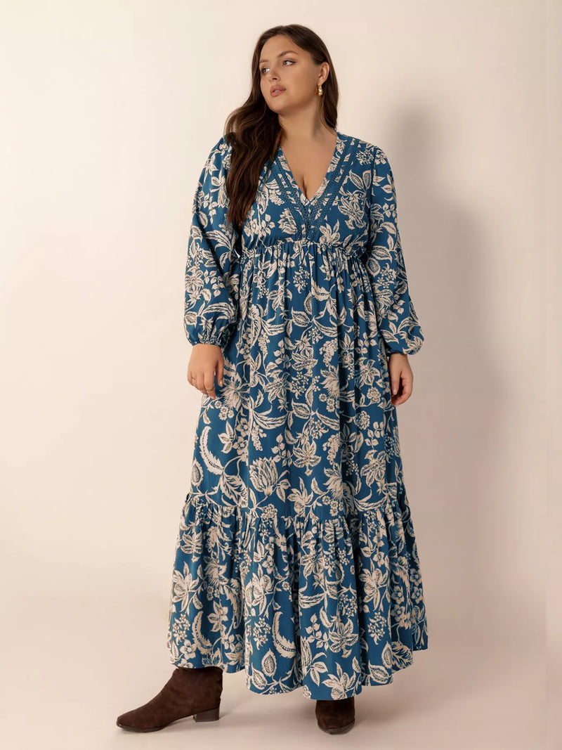 Peacock Blue plus size boho floral long sleeve maxi dress, front view