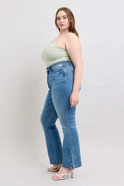 Judy Blue HW Tummy Control Vintage Wash Side Slit Slim Boot Jeans - Fashorio
