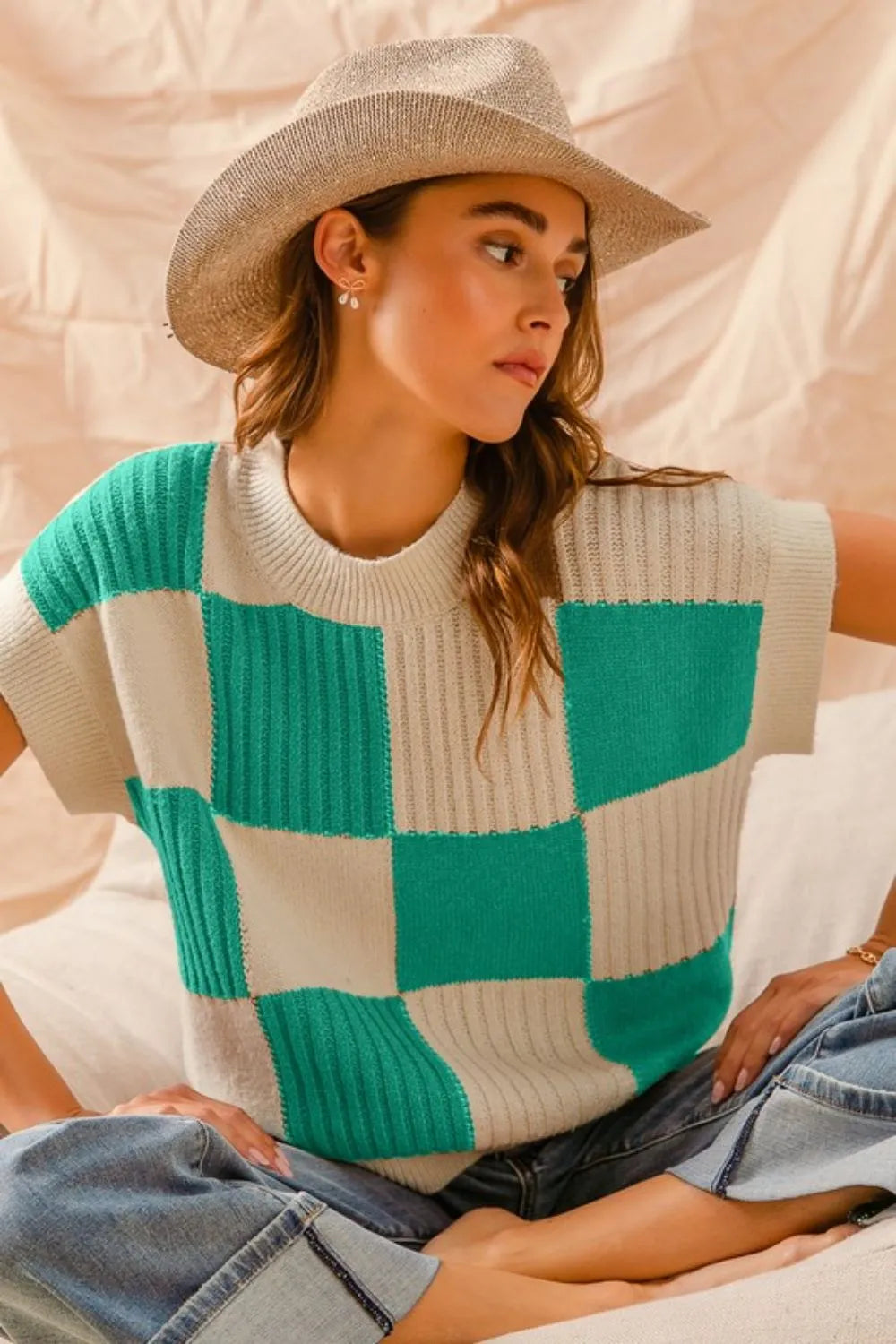 Check Plaid Casual Sweater Top in Jade
