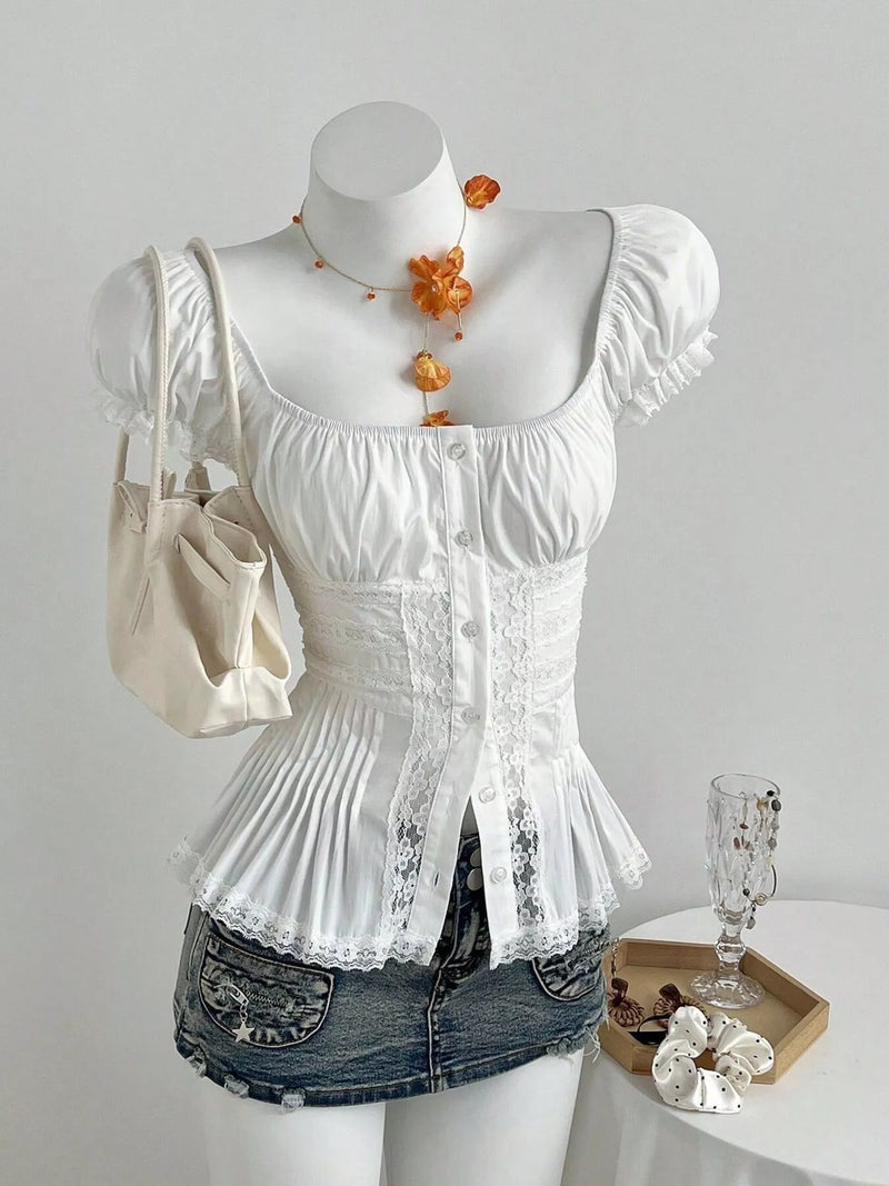 White lace button up short sleeve shirt front view on model