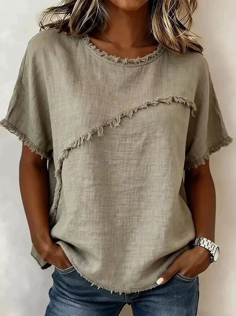 Frayed hem short sleeve top in khaki front view