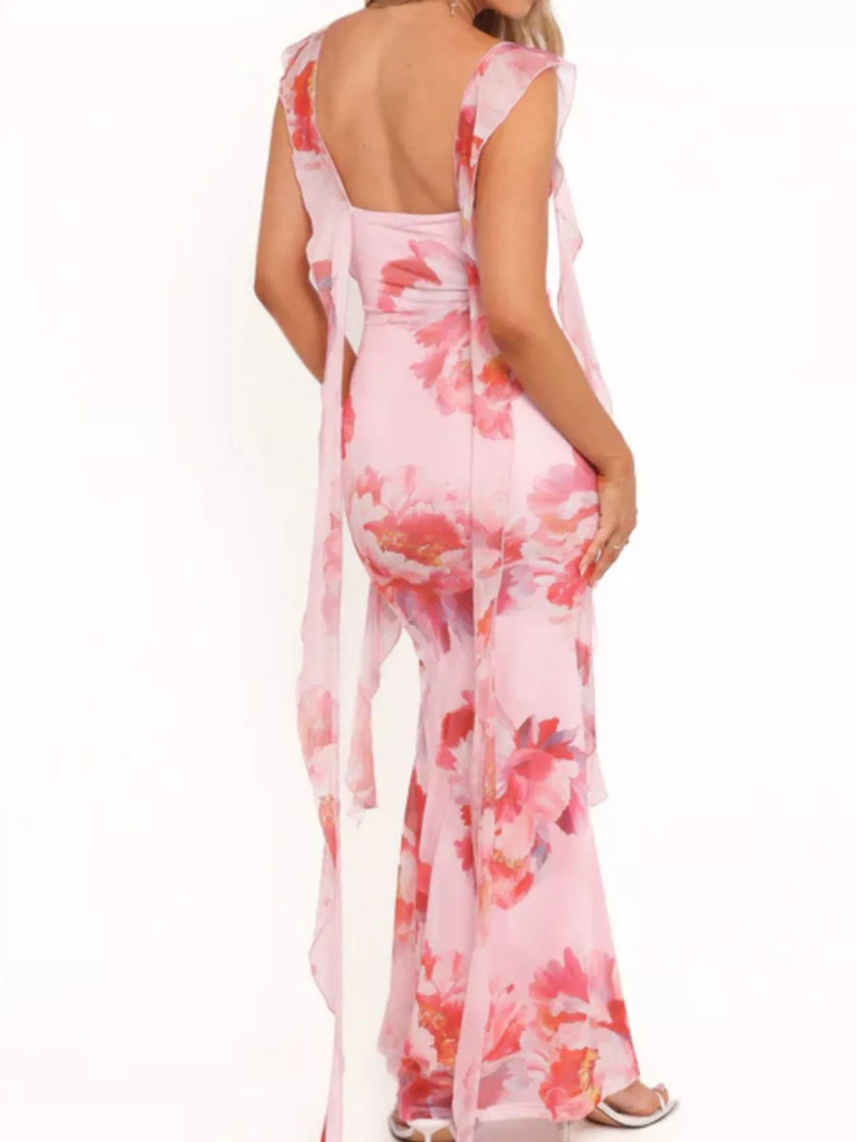floral ruffle trim bodycon maxi dress close up view