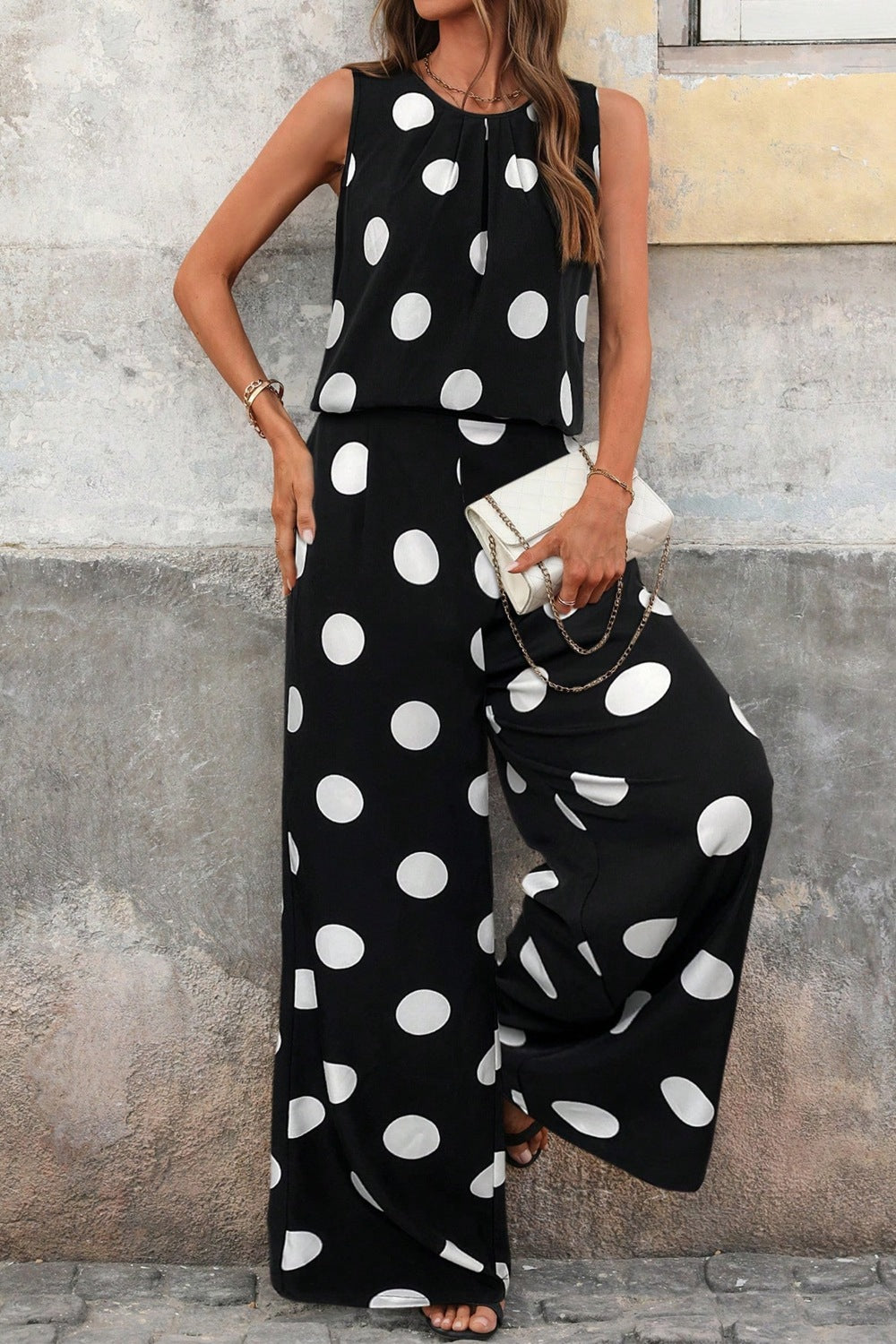 Sleeveless polka dot top and pants set front view