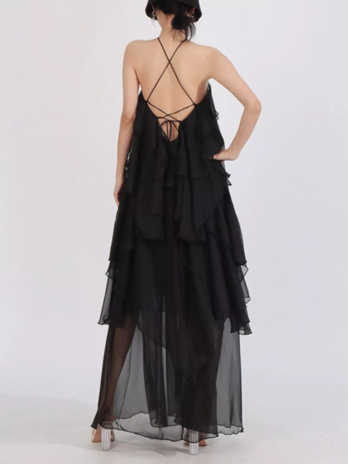 Ruffled chiffon halter neck maxi dress skirt movement