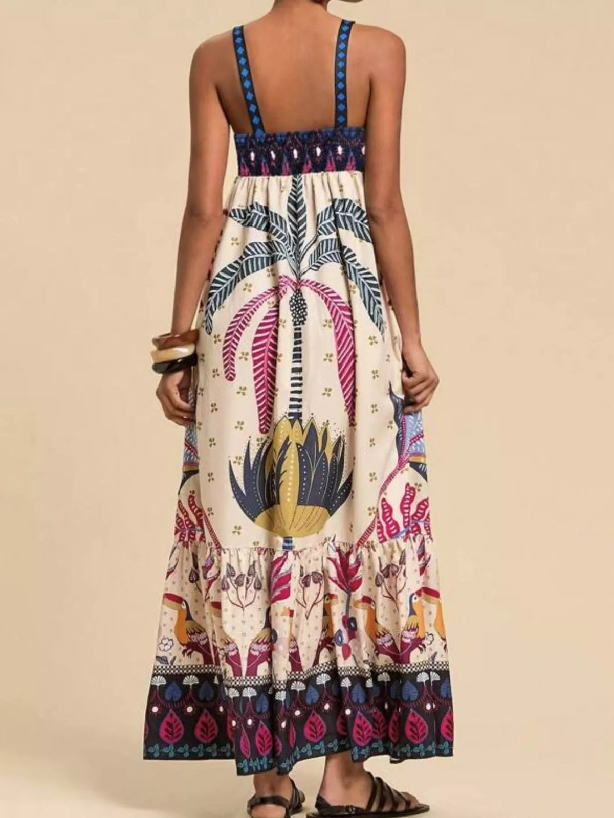 Tan printed maxi dress on model