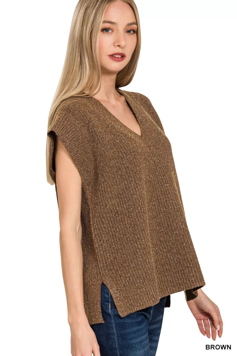 Ribbed Side Slit V Neck Sweater Vest in Brown back view