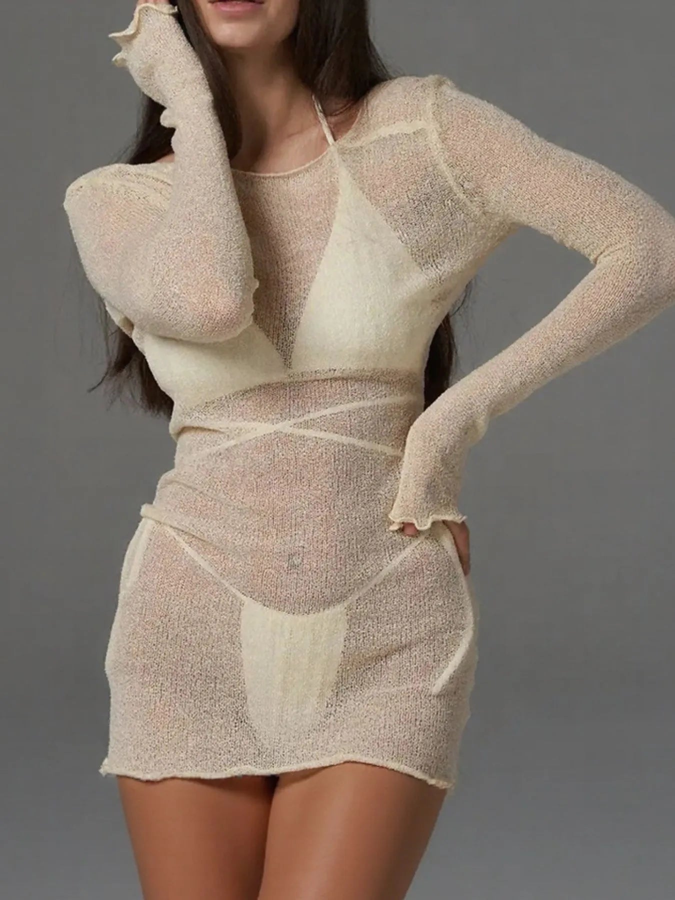 Sheer Backless Long Sleeve Mini Cover-Up Dress - Fashorio