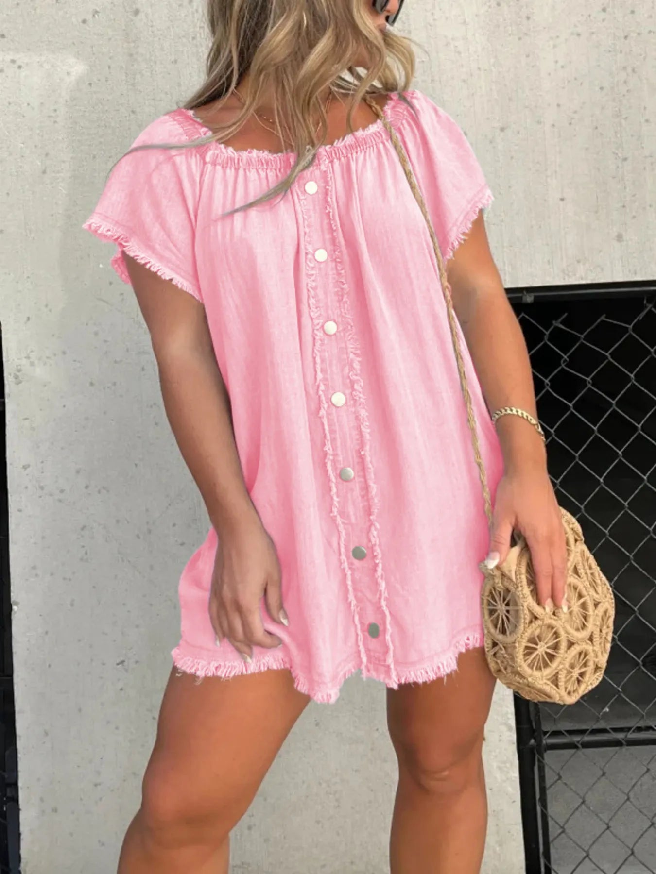 Full Size Raw Hem Mini Denim Dress Plus Size Pink - Fashorio