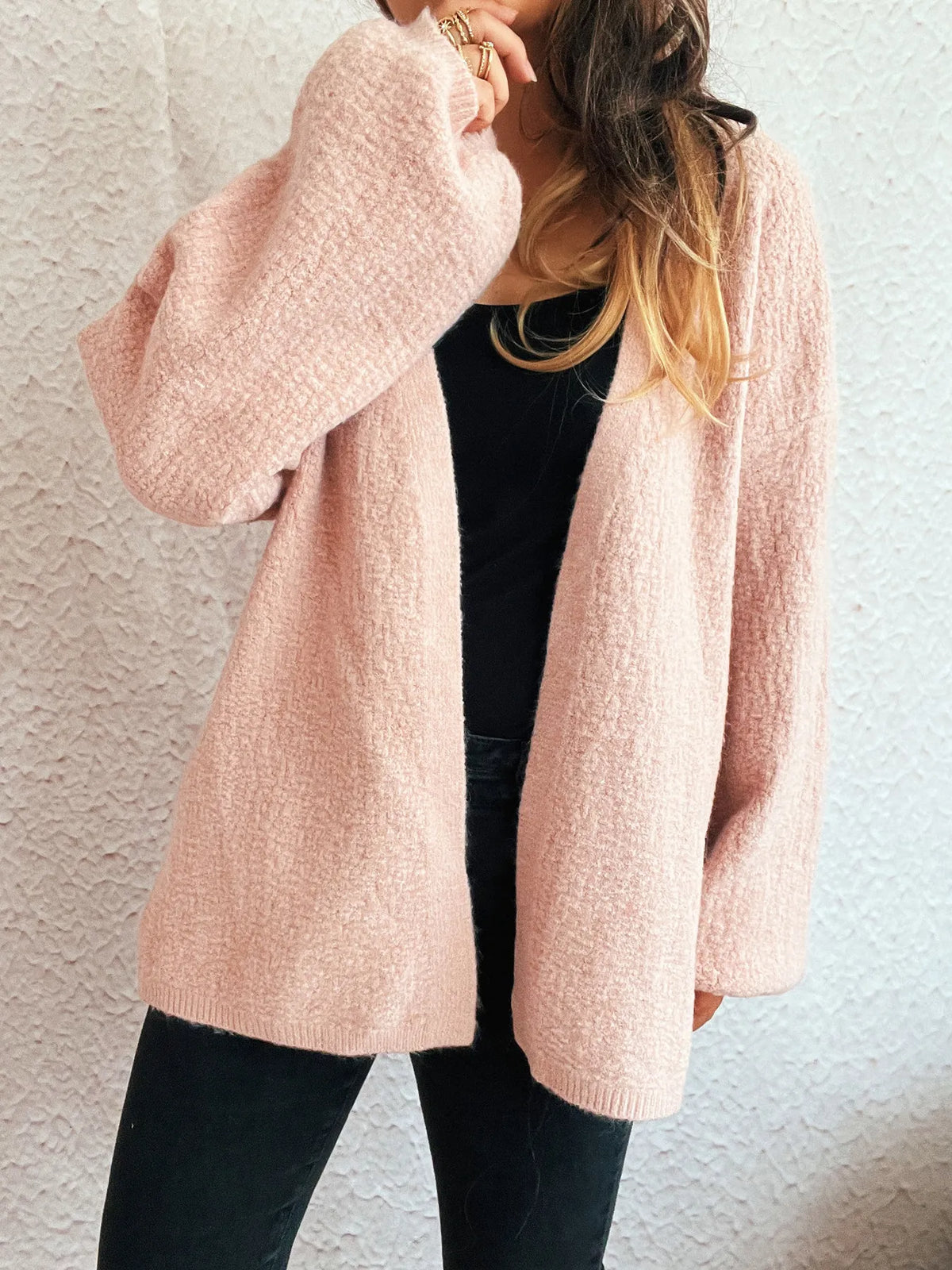 Open front long sleeve cardigan styled outfit