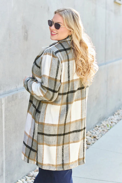 Double Take Full Size Plaid Button Up Lapel Collar Coat - Fashorio
