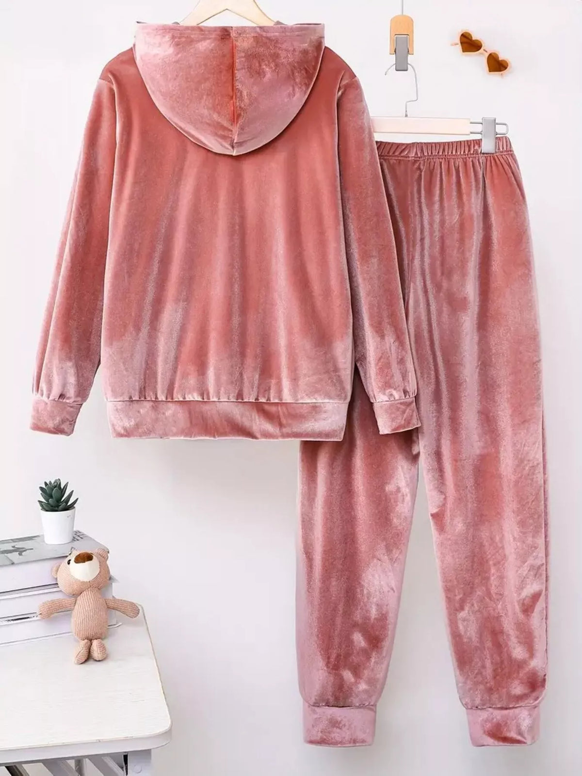 Matching velvet hoodie and pants set side view