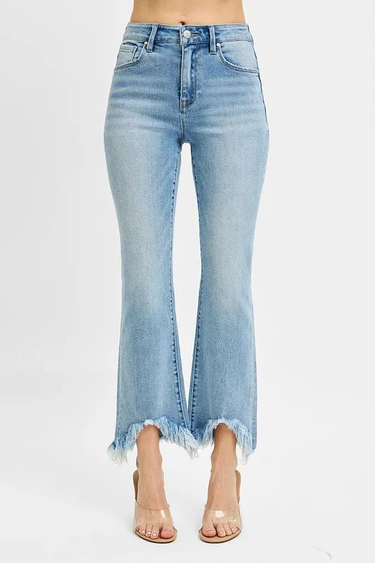 Light wash bootcut denim frayed hem detail