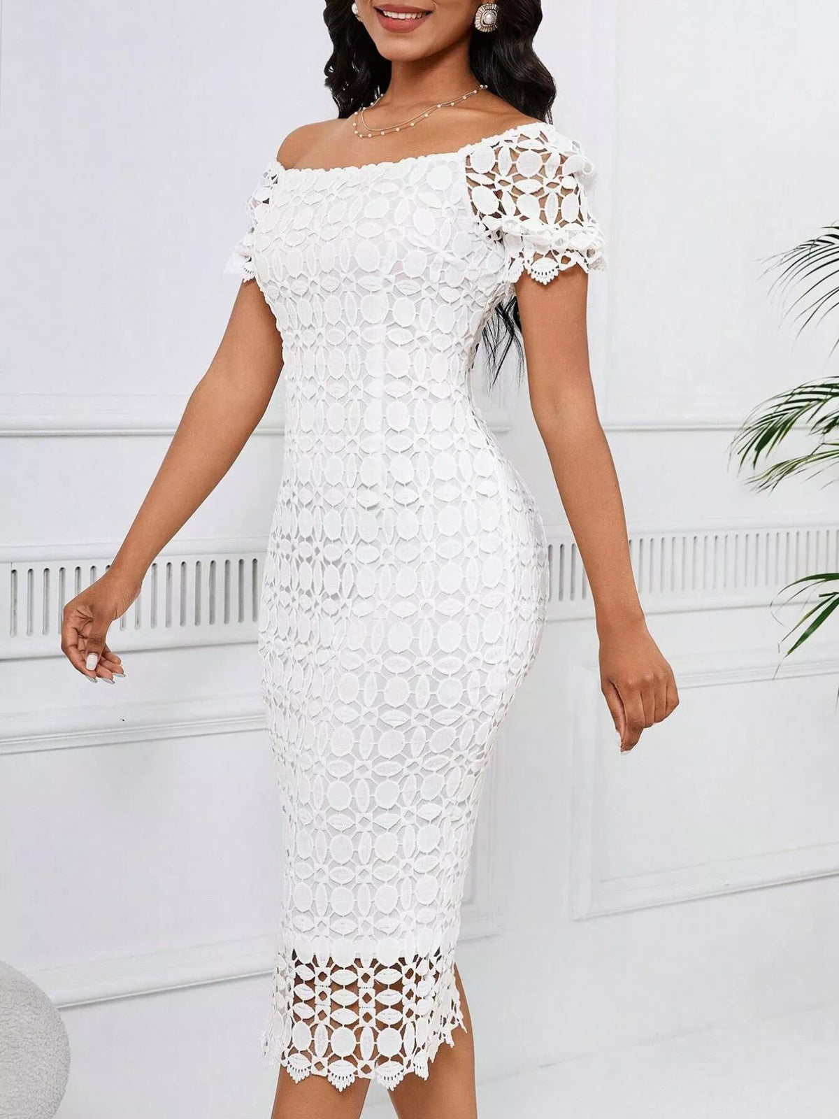 lace short sleeve midi dress side view