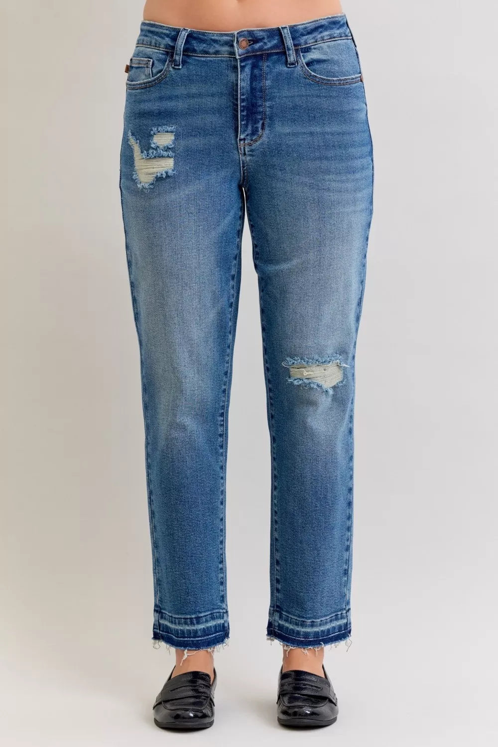 Judy Blue medium wash patch and repair boyfriend jeans front