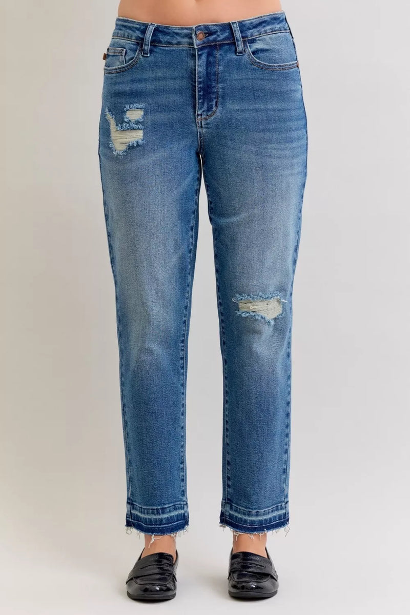 Judy Blue medium wash patch and repair boyfriend jeans front