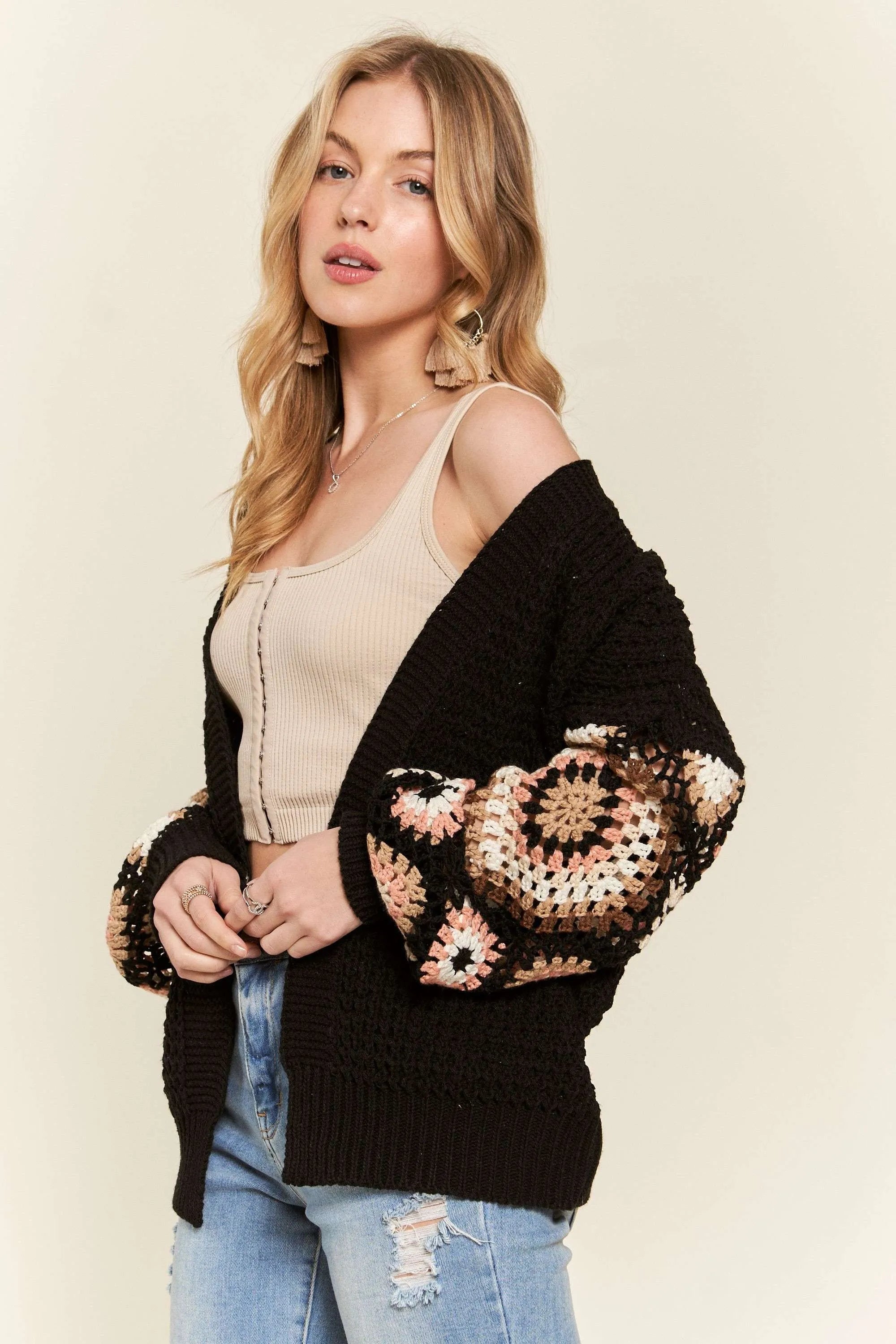 ADORA Multi Color Sleeve Crochet Cardigan - Fashorio