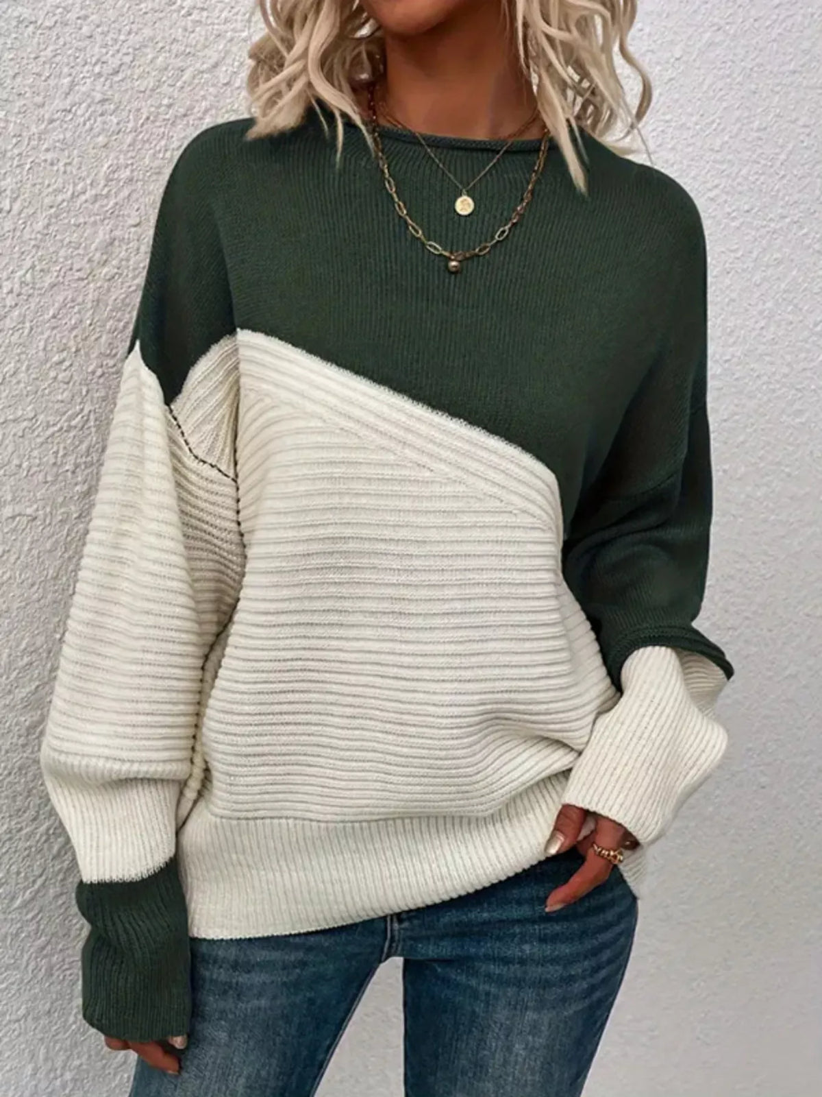 Color Block Ribbed Knit Sweater knit texture detail