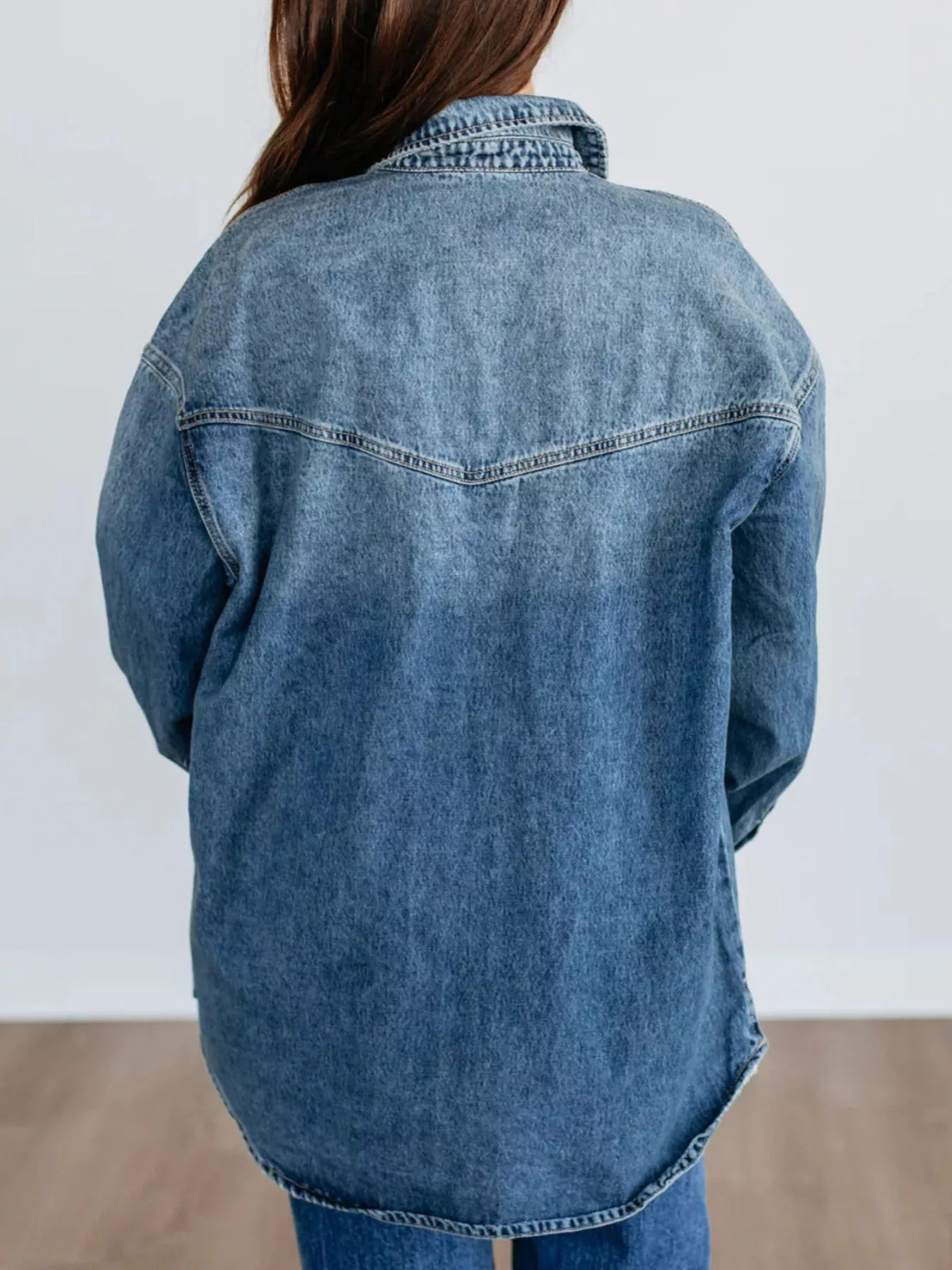 Snap Down Drop Shoulder Denim Jacket in Dark Blue side view