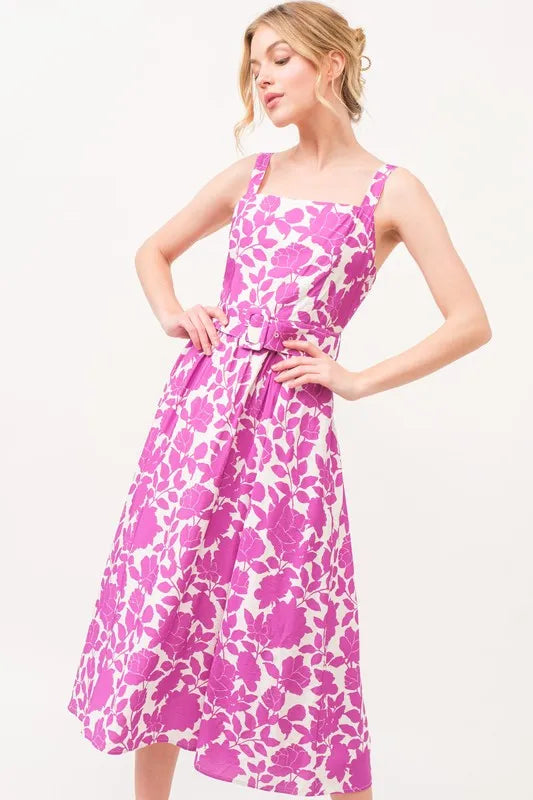 Floral Square Neck Belted Midi Dress in Magenta styled look