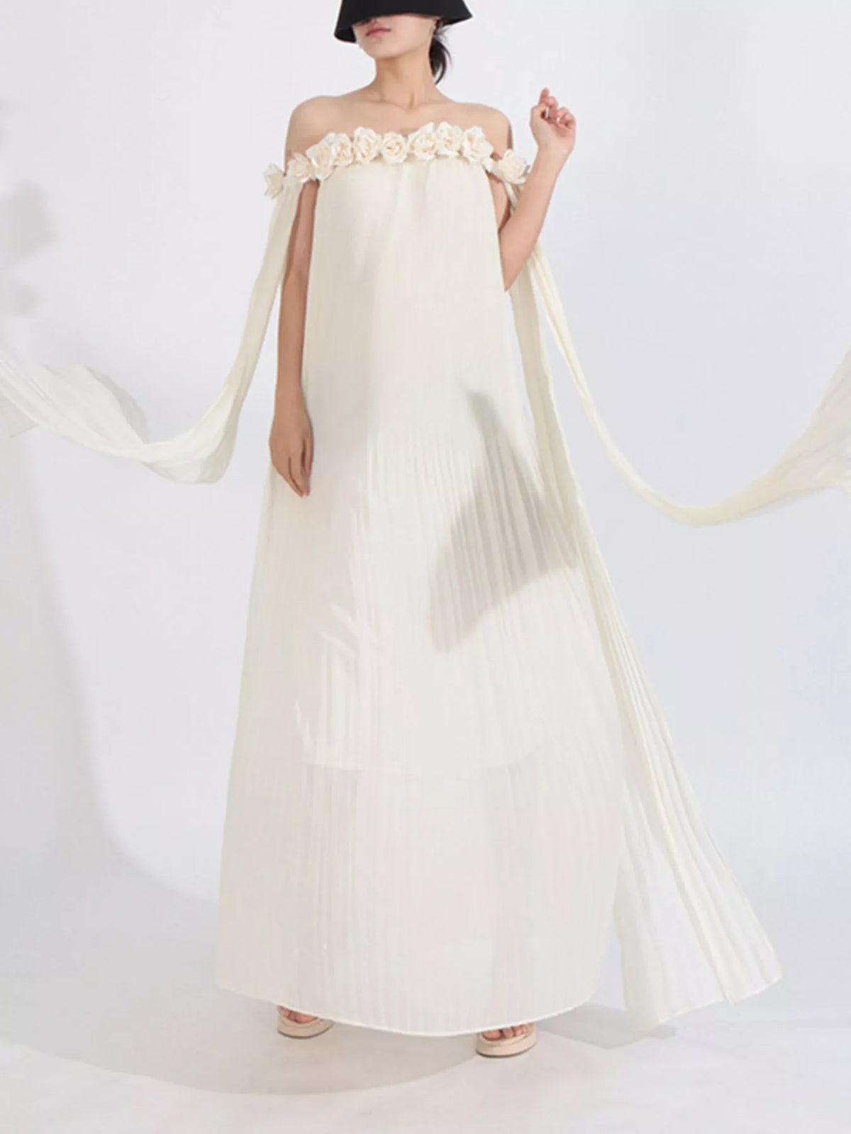 off shoulder floral pleated maxi dress side view