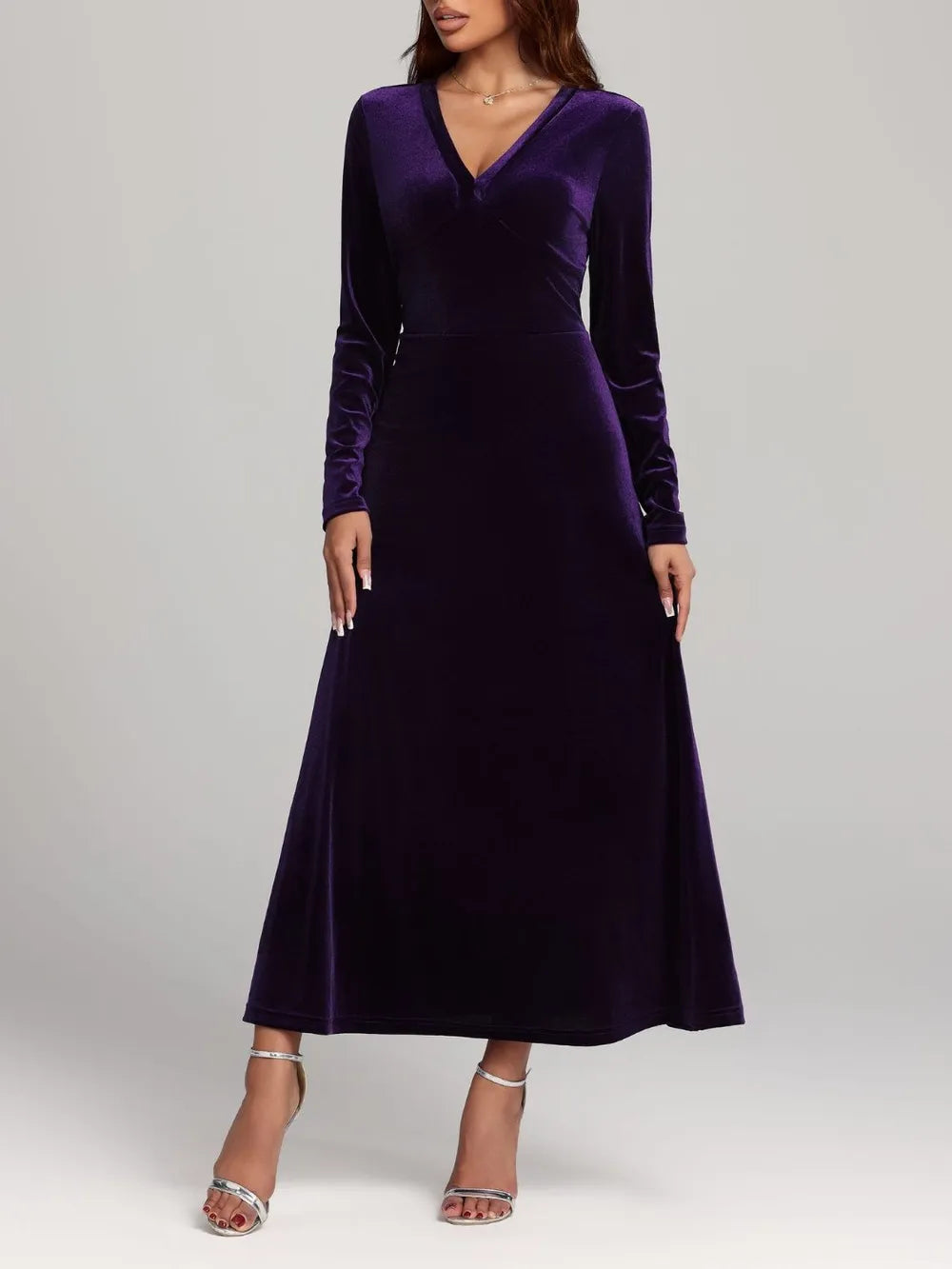 violet violet V neck long sleeve velvet dress side view