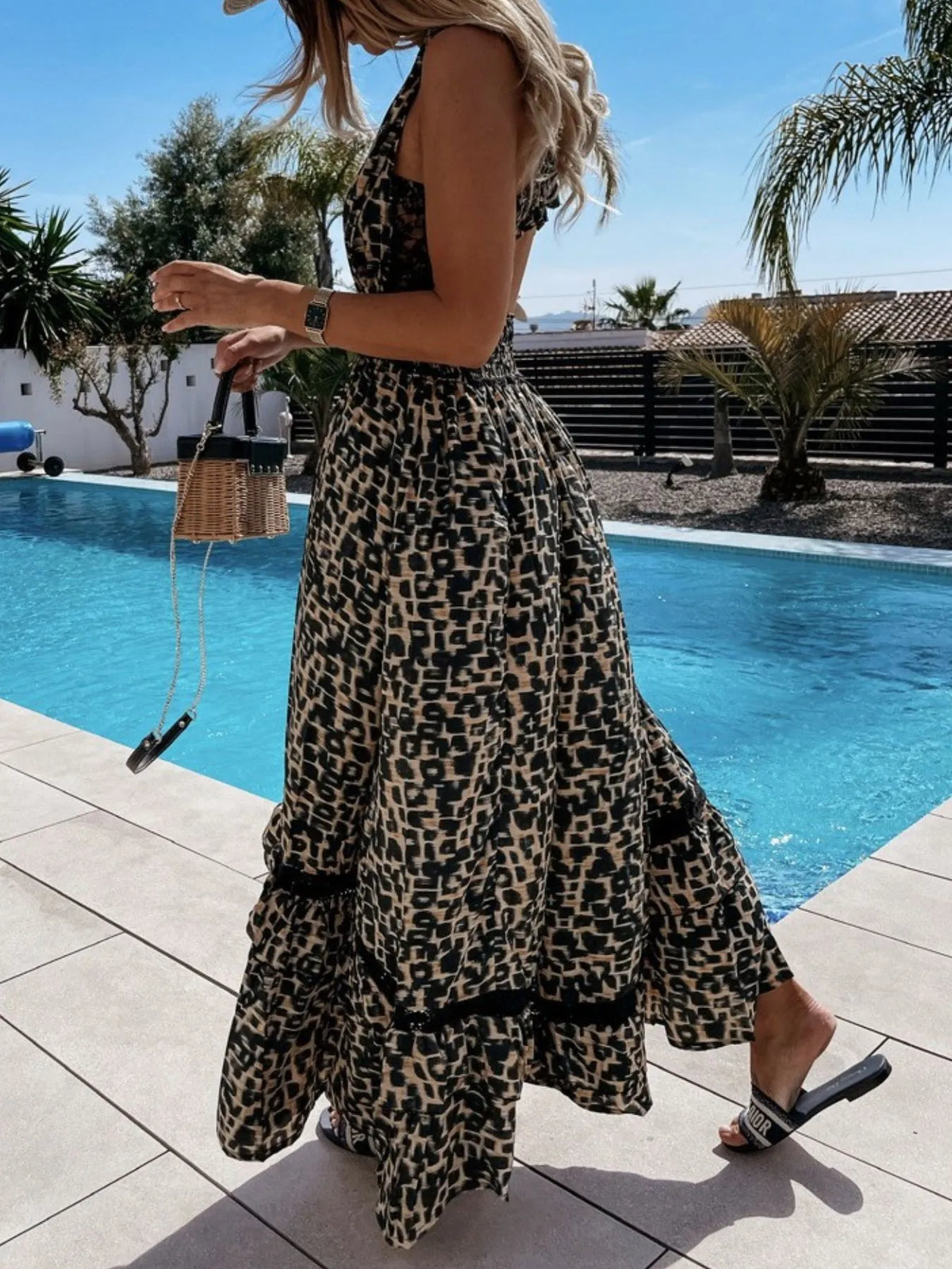 Leopard print sleeveless maxi dress styled look