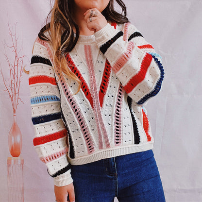 Striped Openwork Round Neck Sweater - Fashorio