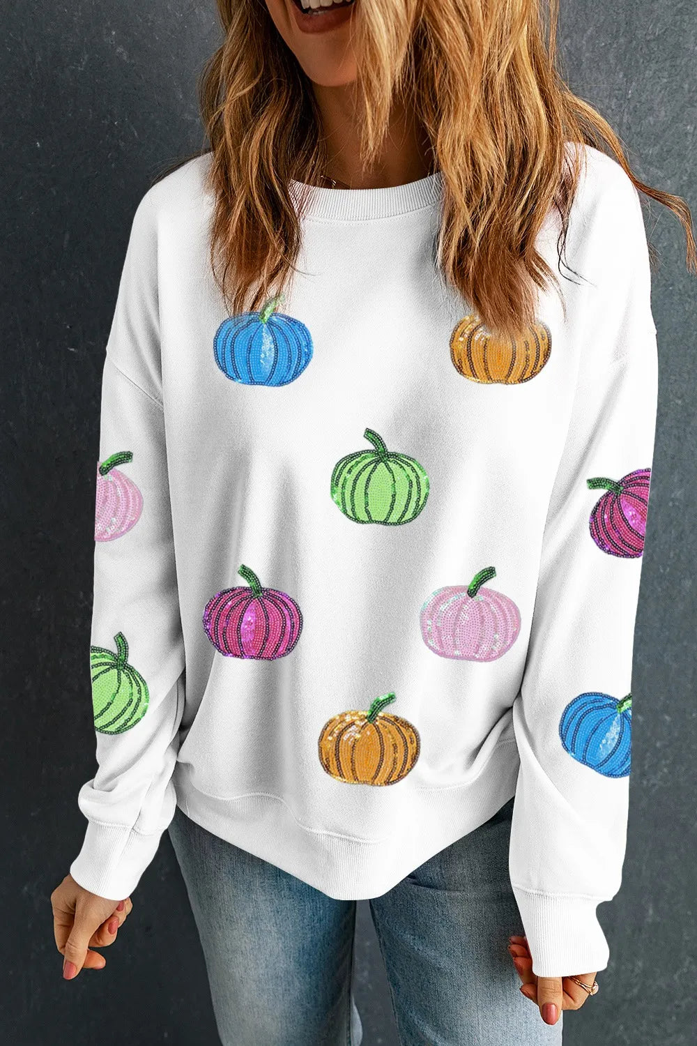 Pumpkin Round Neck Long Sleeve Sweatshirt White - Fashorio