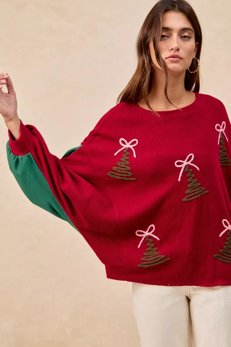 Embroidered Christmas Tree Sweater in Red on model