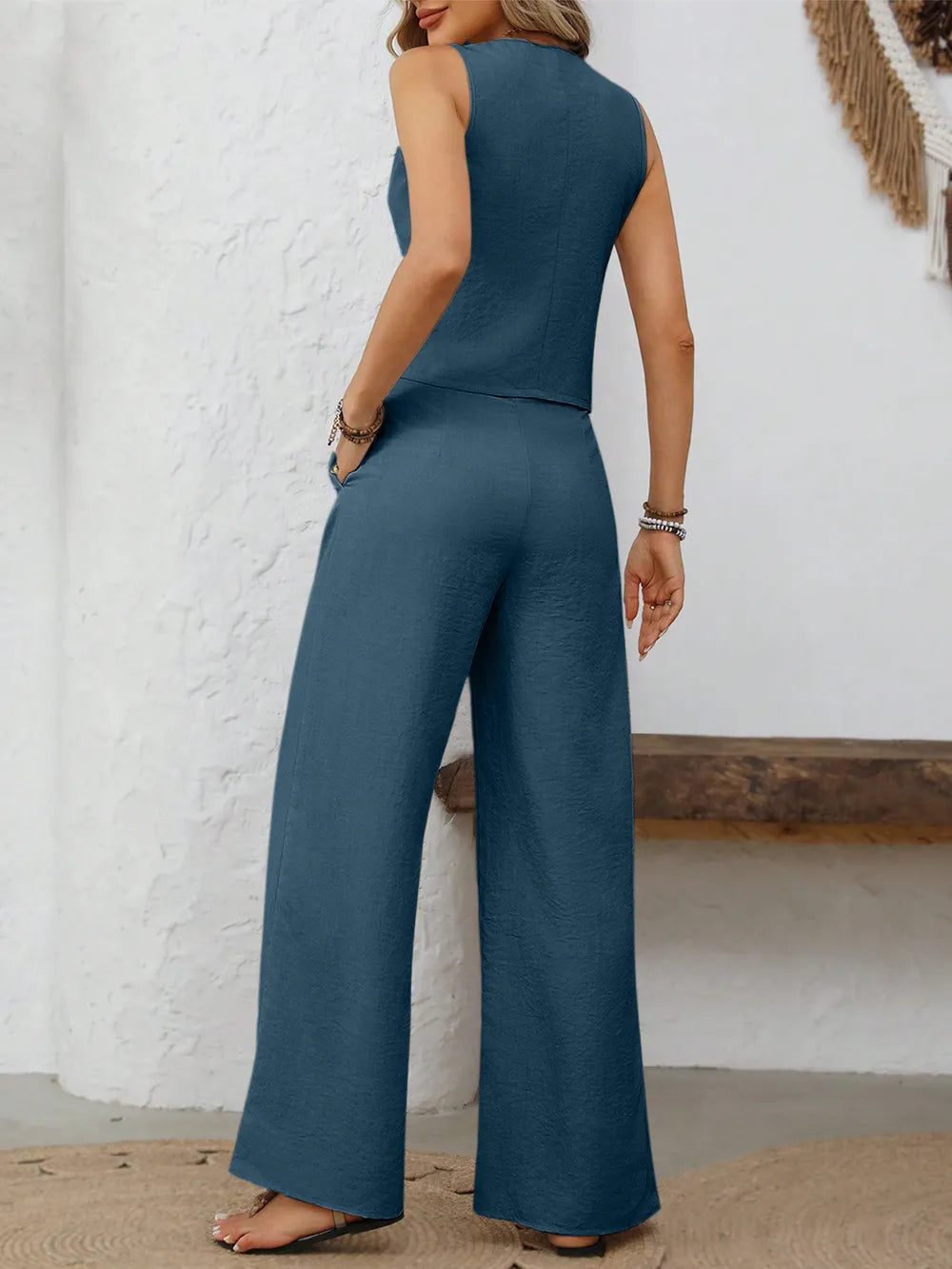 V-Neck Button Down Vest and Wide Leg Pants Set - Fashorio