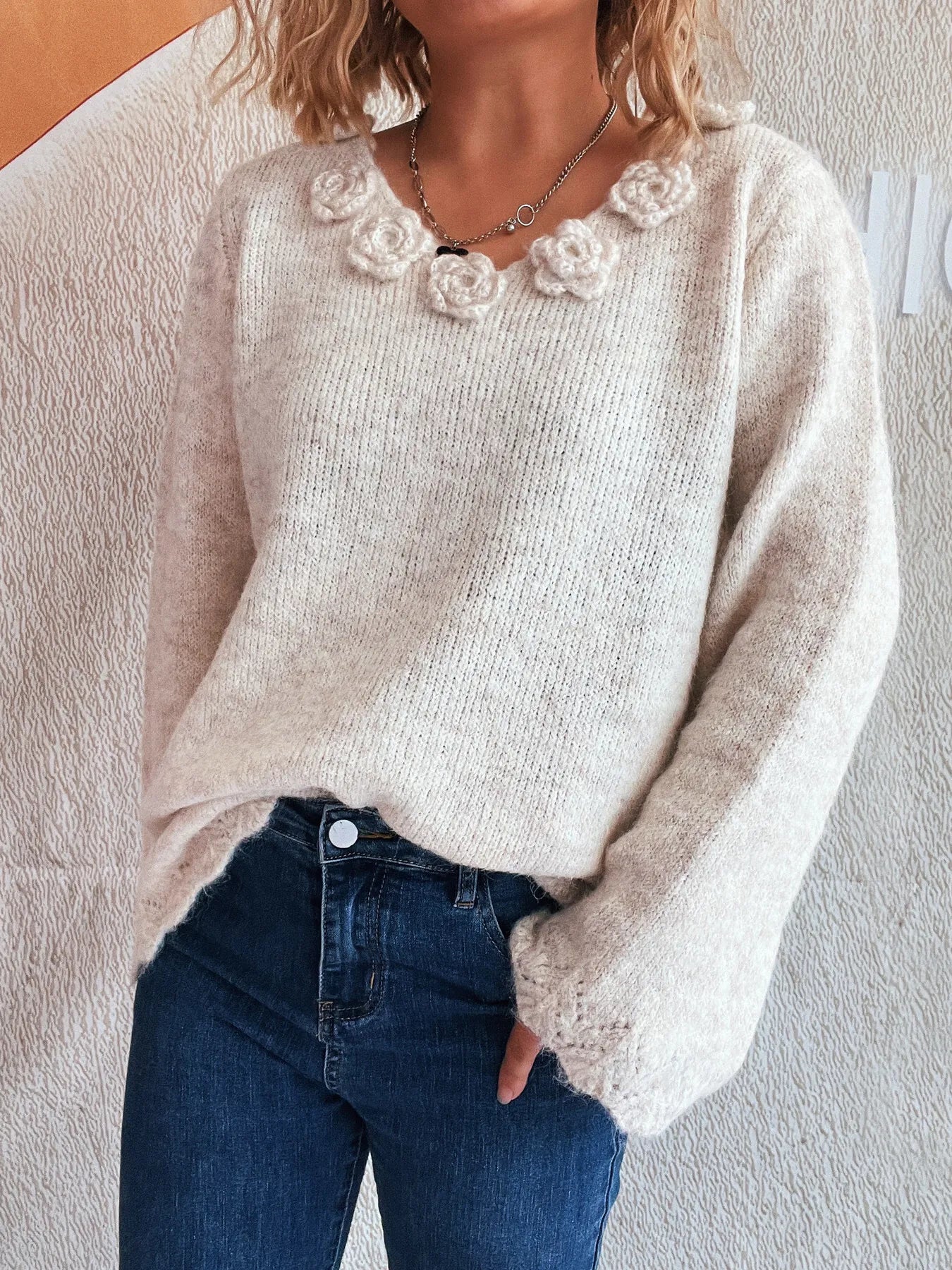 Flower V-Neck Long Sleeve Sweater - Fashorio