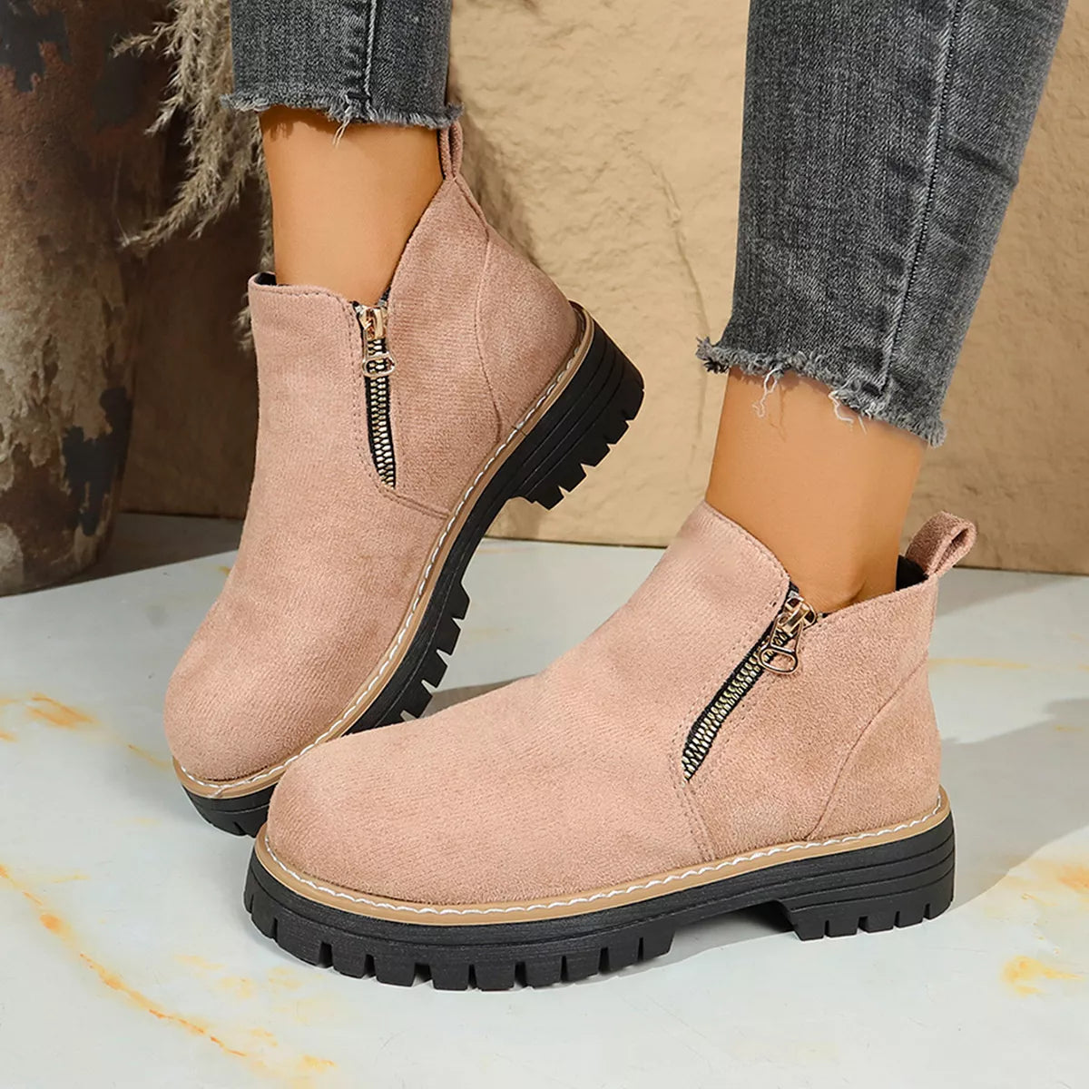 Suede round toe platform boots three quarter view
