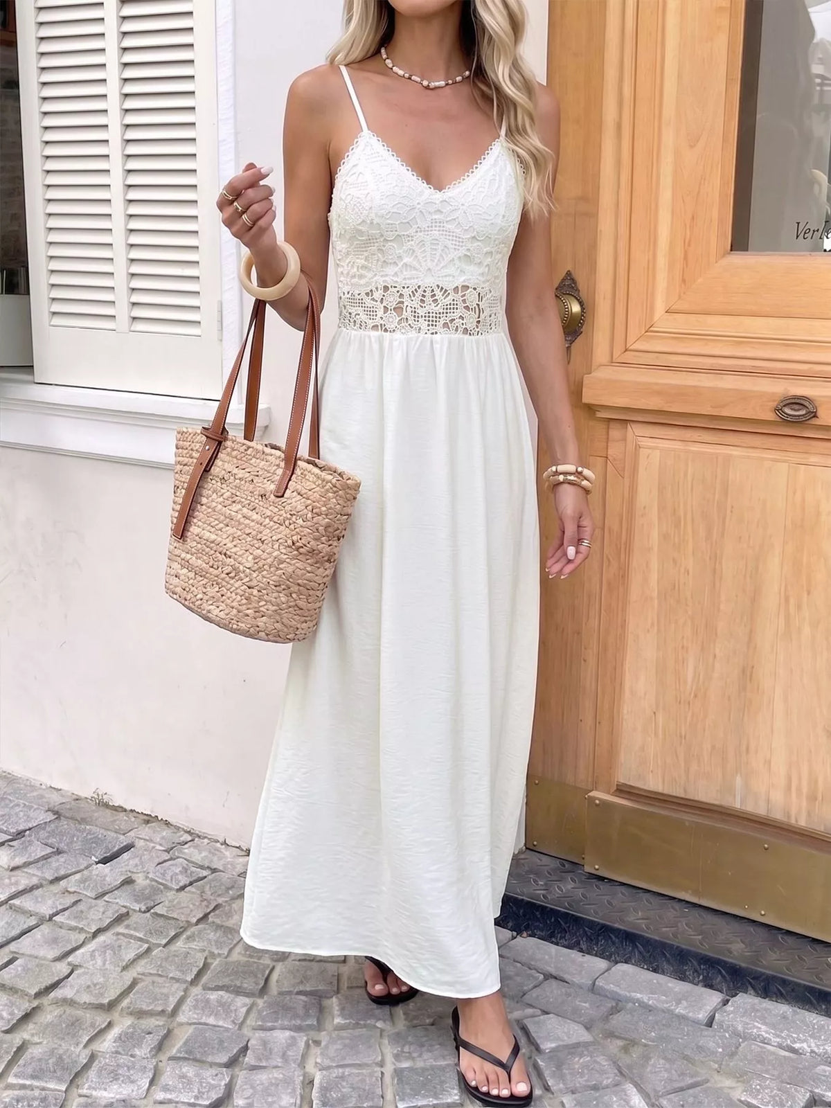 White lace maxi dress smocked waist detail