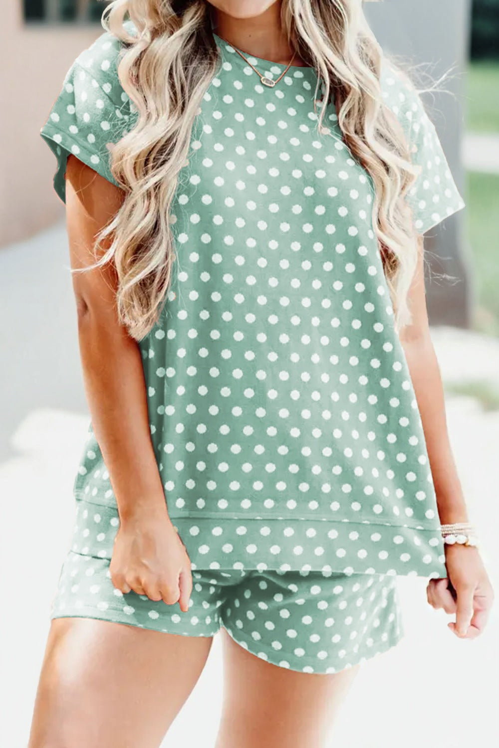 Polka dot tee and shorts set styled look