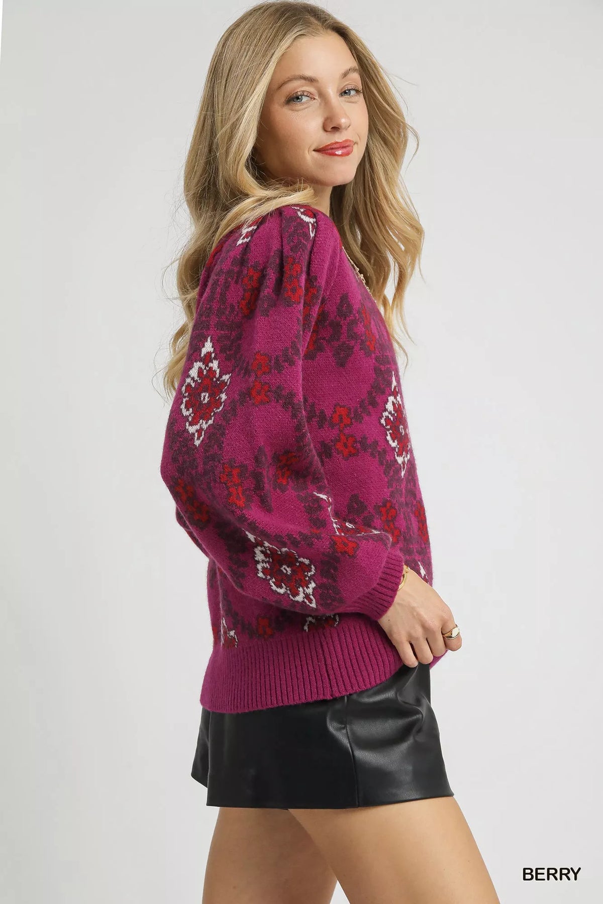 Boho Pattern Long Sleeve Sweater in Berry side view