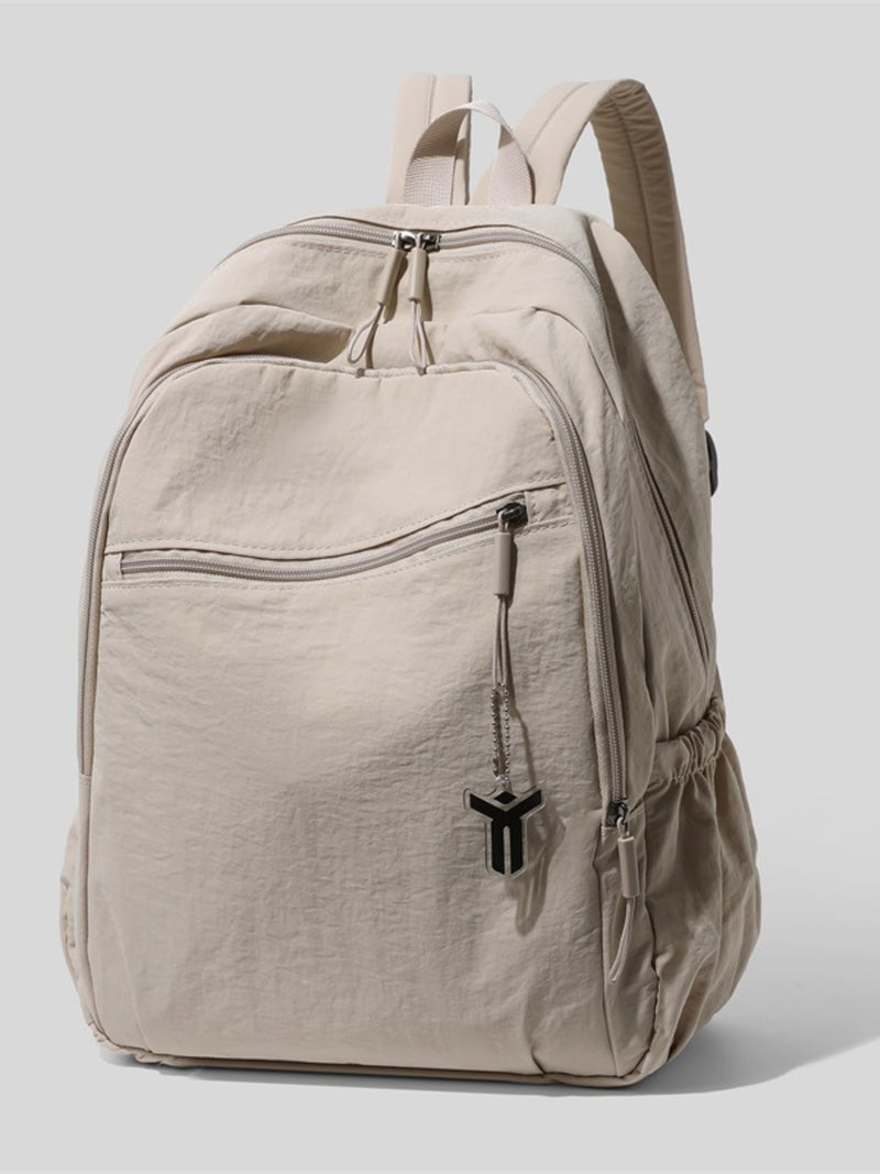 Khaki nylon casual backpack front view