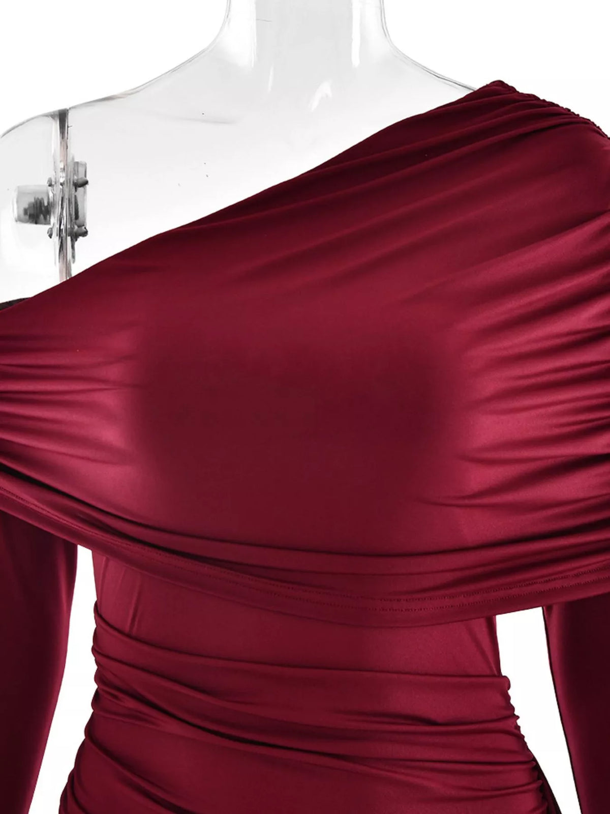 One shoulder ruched maxi dress close up texture