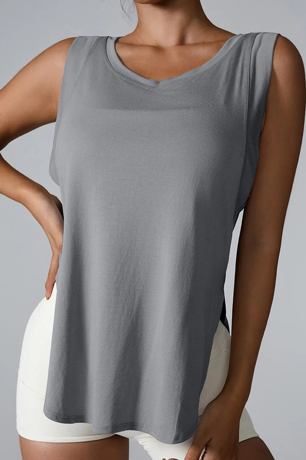 slit round neck active tank fabric close up