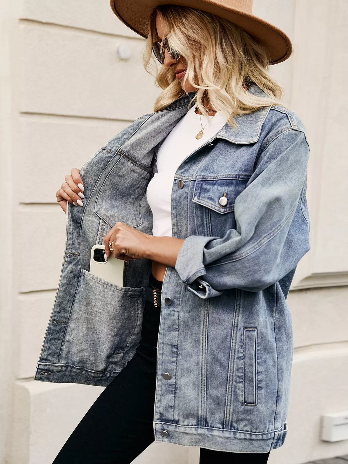 Button Up Denim Jacket in Dusty Pink view 16
