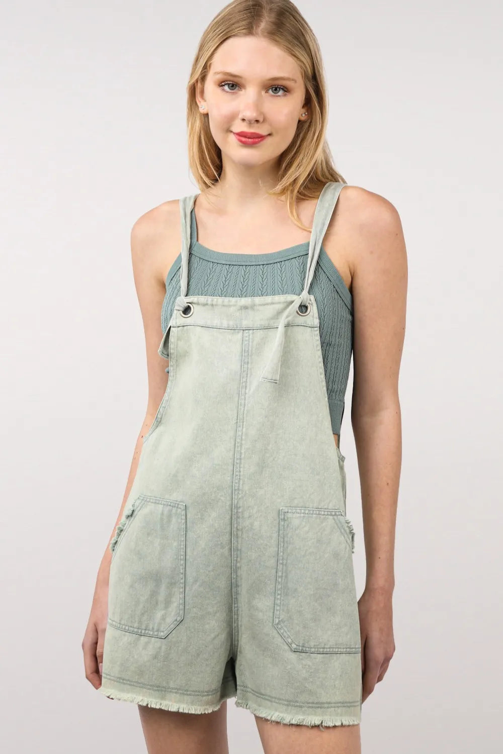 VERY J Washed Frayed Hem Denim Overall Sage - Fashorio
