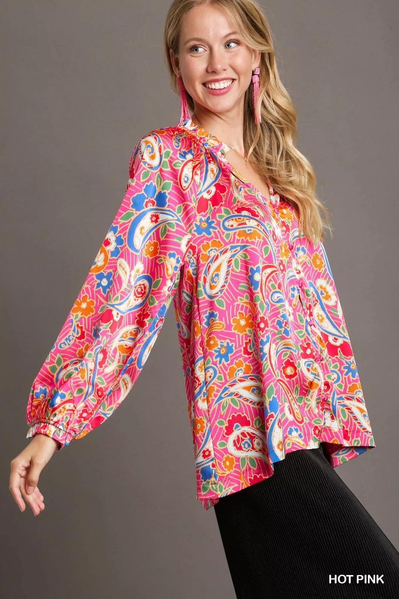 Umgee Full Size Satin Paisley Ruffle Neck Button-Up Shirt Plus Size - Fashorio
