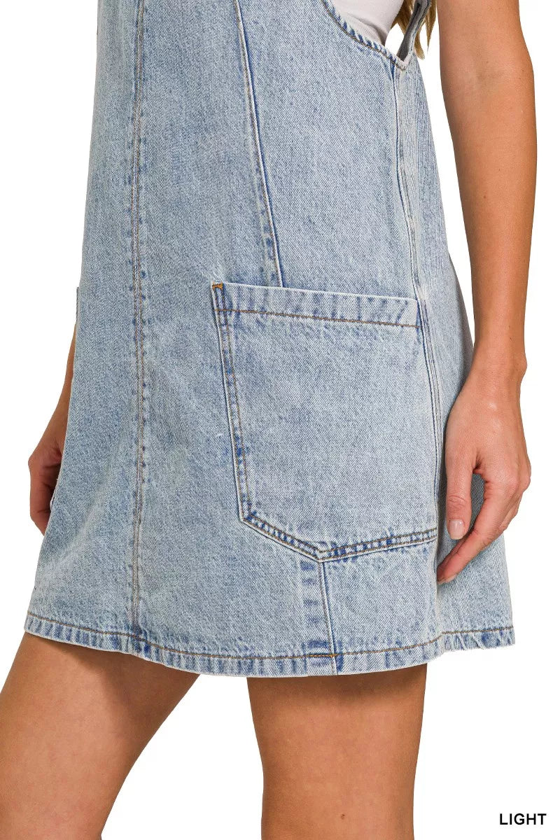 Zenana light wash denim overall dress side view