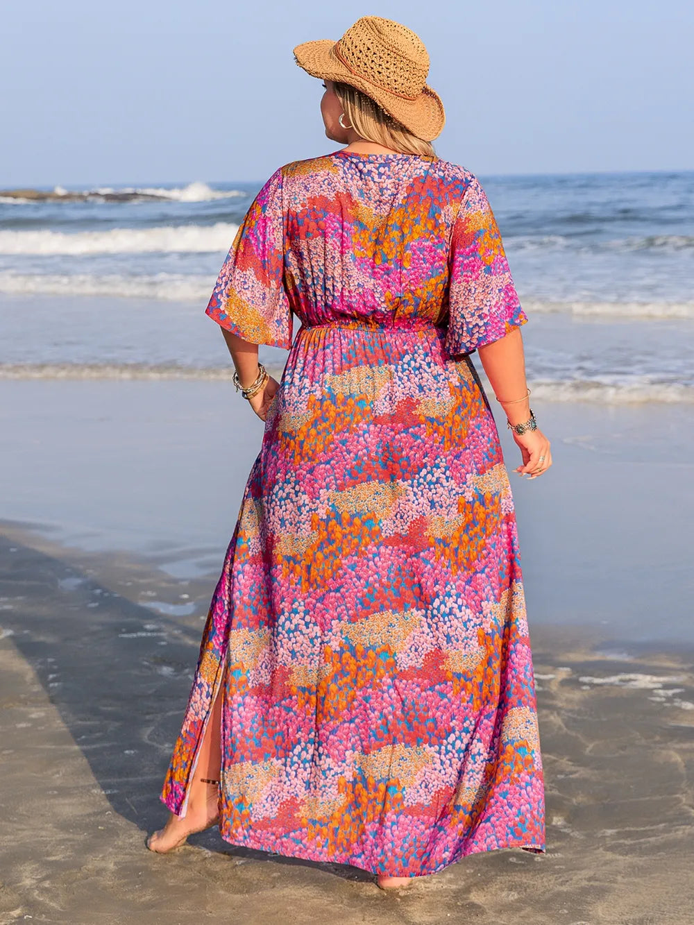 Printed V neck half sleeve maxi dress in fuchsia pink neckline detail
