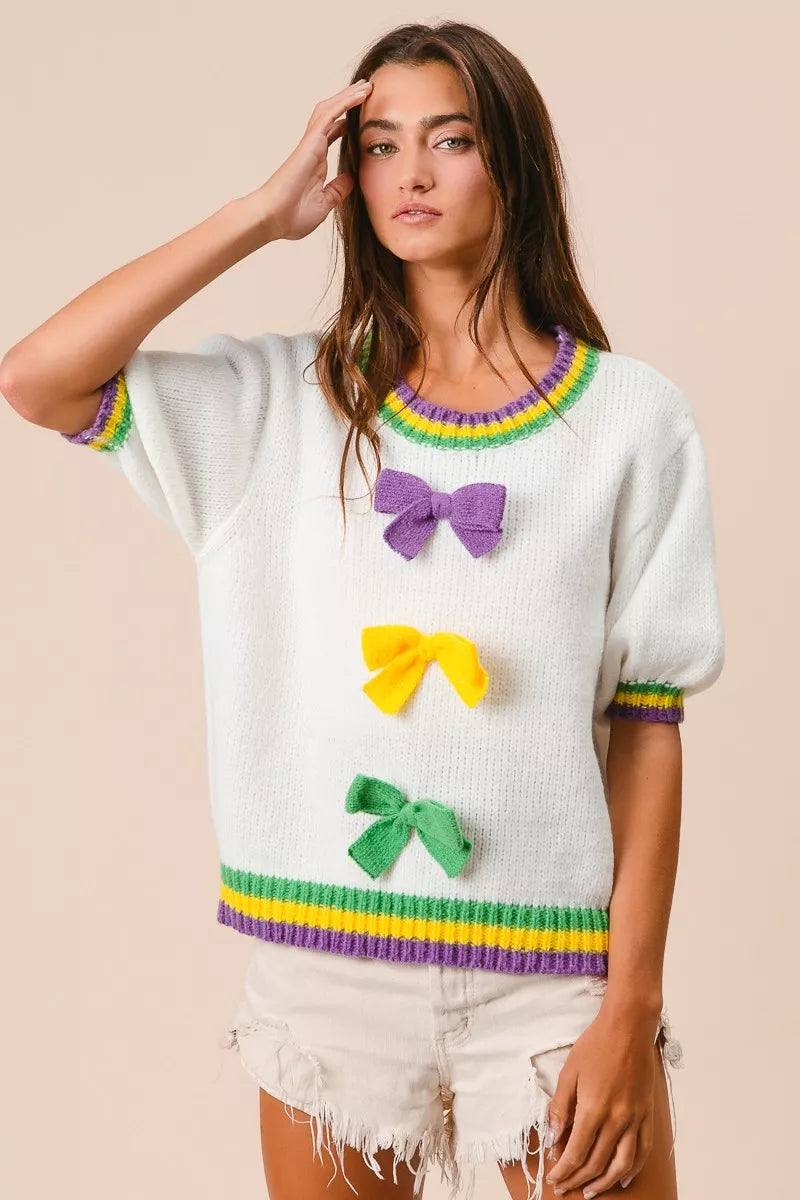 Puff Sleeve Ribbon Bow Sweater in Ivory view 15