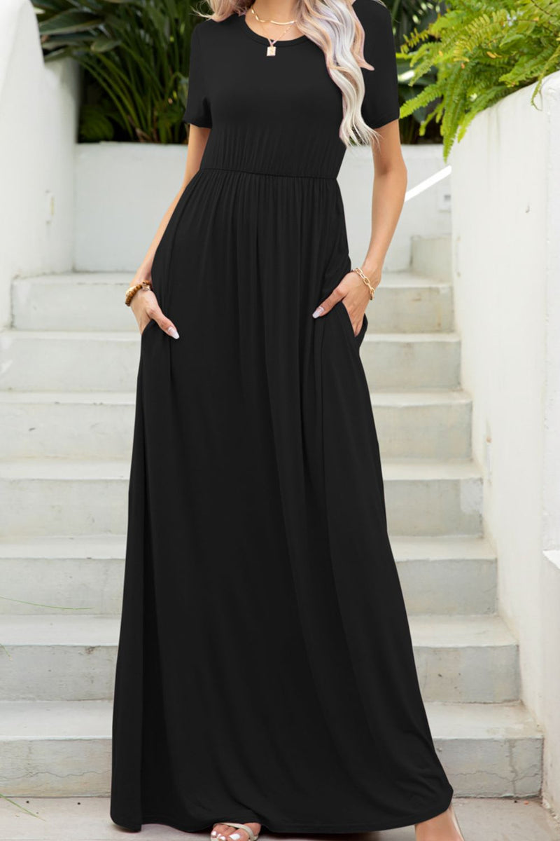 round neck maxi tee dress with pockets front view